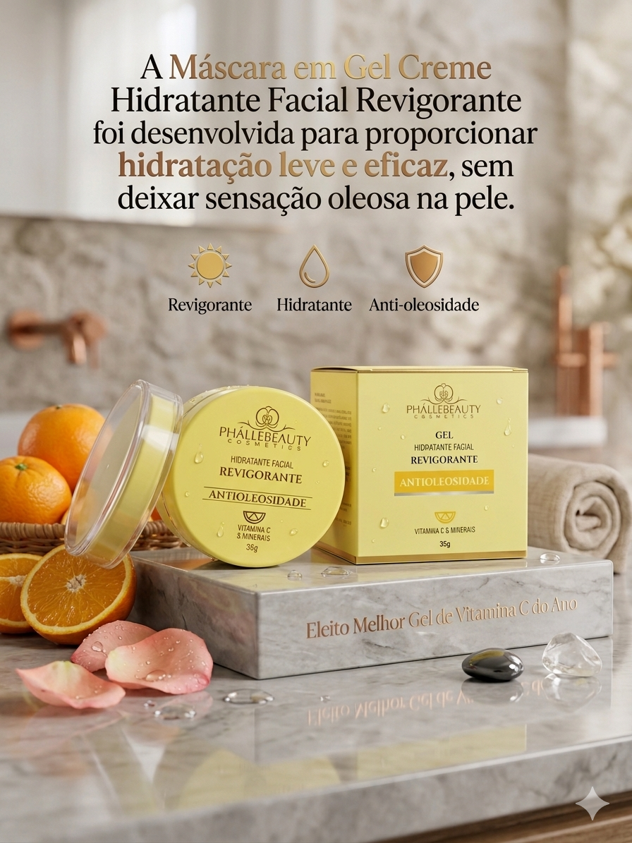 MÁSCARA EM GEL CREME HIDRATANTE FACIAL REVIGORANTE 35G – PHALLEBEAUTY COSMETICS VITAMINAS E MINERAIS