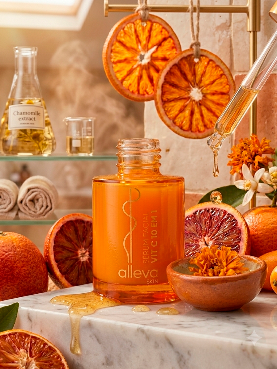 Sérum Facial Vitamina C 10 em 1 Alleva 30ml Ácido Hialurônico Vitamina E DPantenol Antioxidante Antiidade