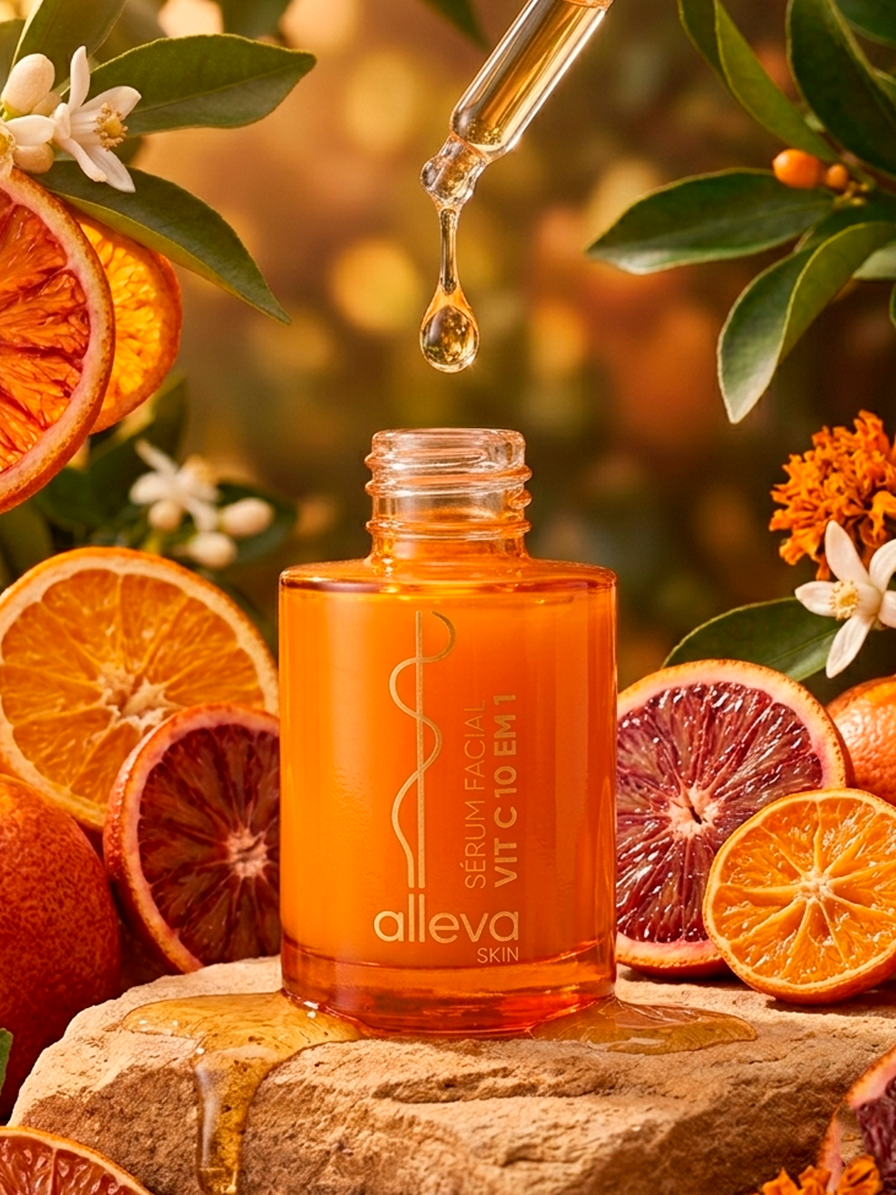 Sérum Facial Vitamina C 10 em 1 Alleva 30ml Ácido Hialurônico Vitamina E DPantenol Antioxidante Antiidade