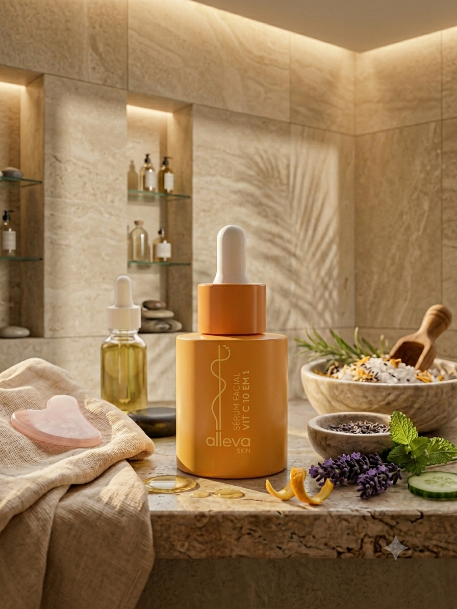Sérum Facial Vitamina C 10 em 1 Alleva 30ml Ácido Hialurônico Vitamina E DPantenol Antioxidante Antiidade