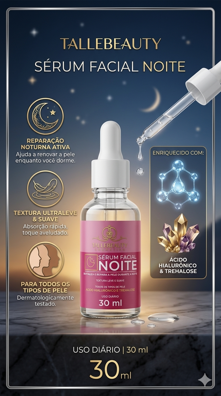 Sérum Facial Noite Phallebeauty 30ml Ácido Hialurônico Hidratação Reparação Pele