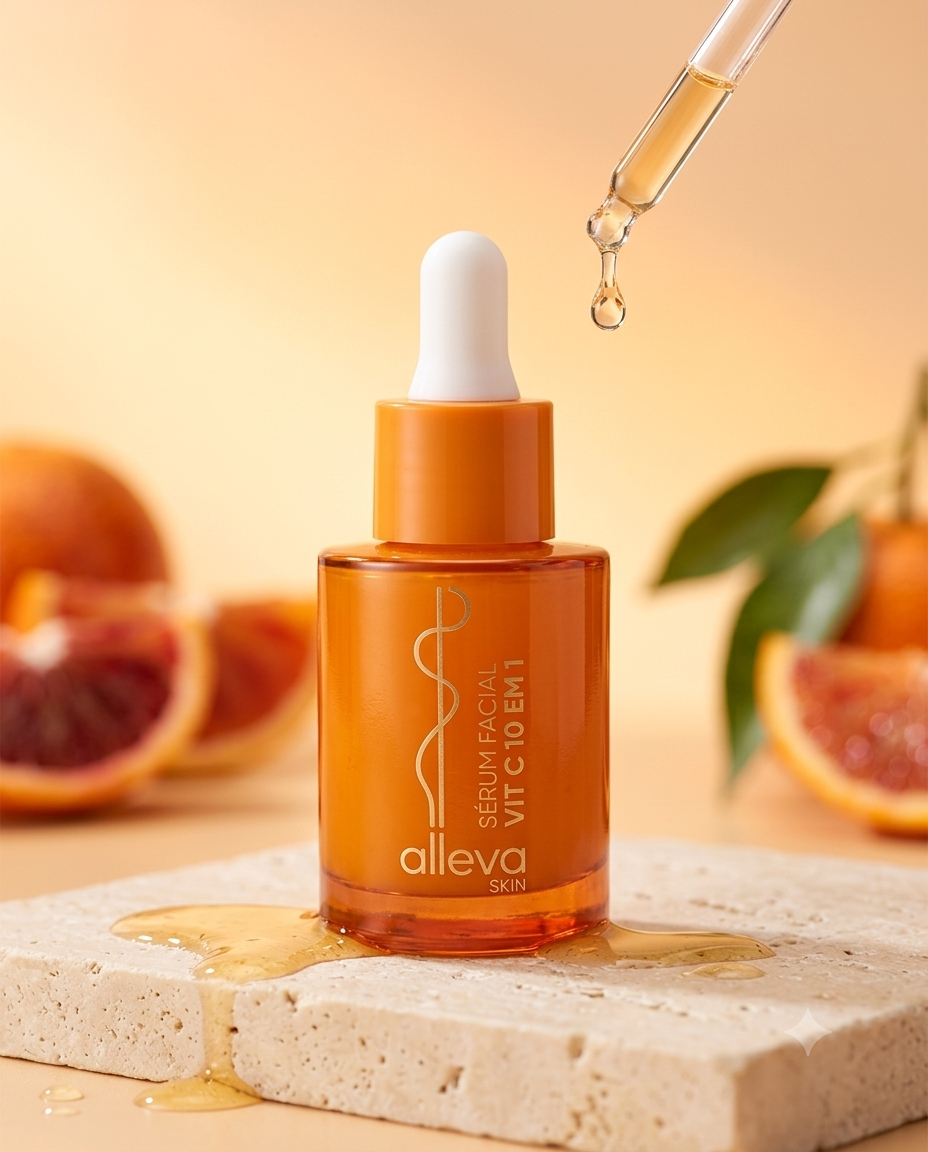 Sérum Facial Vitamina C 10 em 1 Alleva 30ml Ácido Hialurônico Vitamina E DPantenol Antioxidante Antiidade